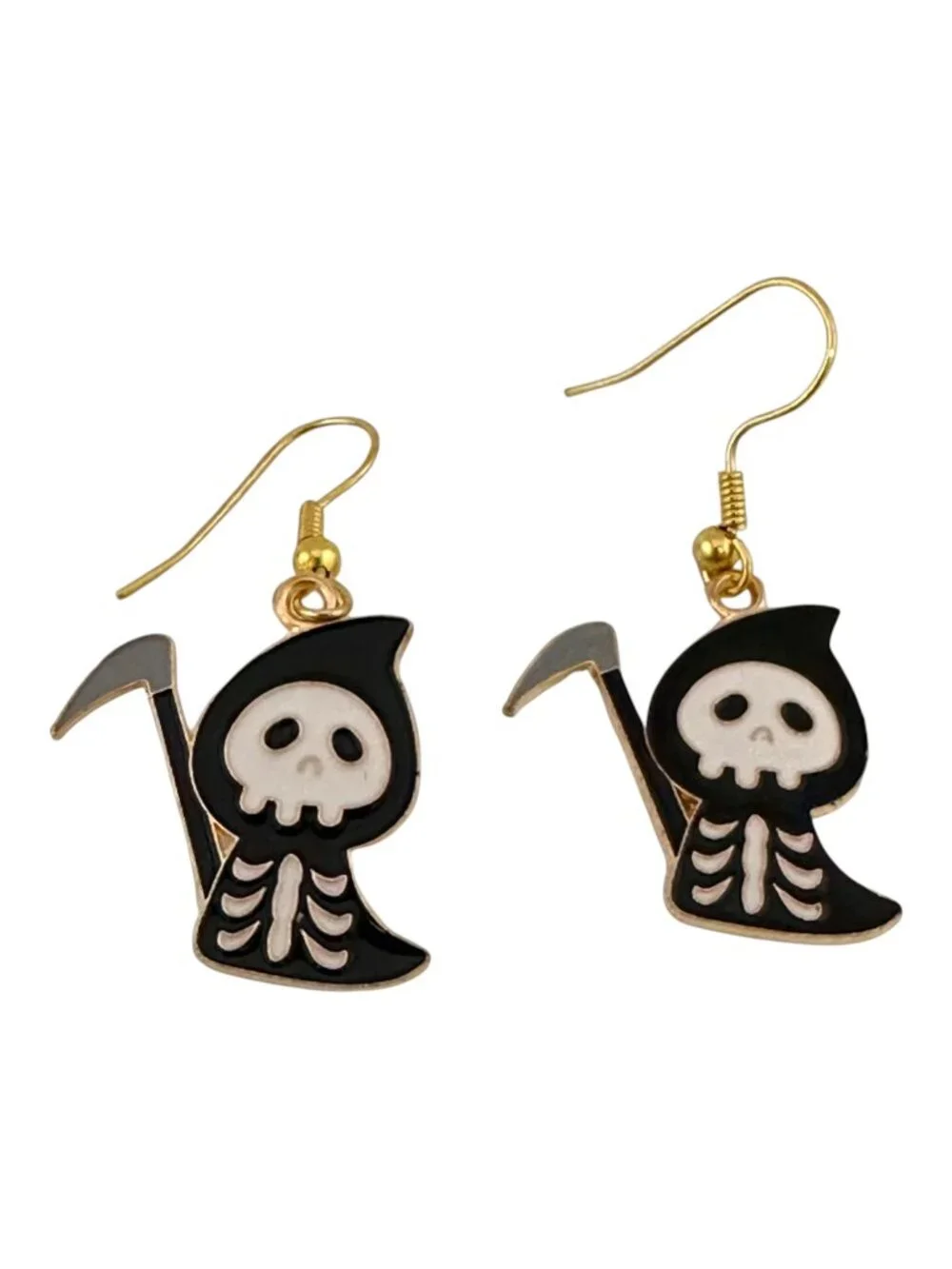 Grim Reaper Enamel Earrings Gold Plated French Hook Ear Wires 1 5/8